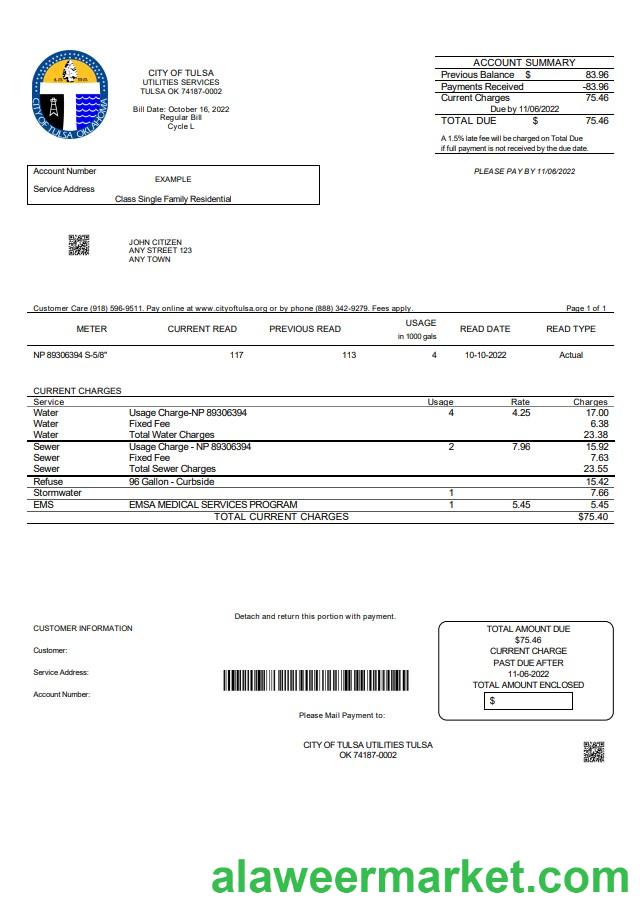 USA Oklahoma City of Tulsa utility bill template in Word and PDF format